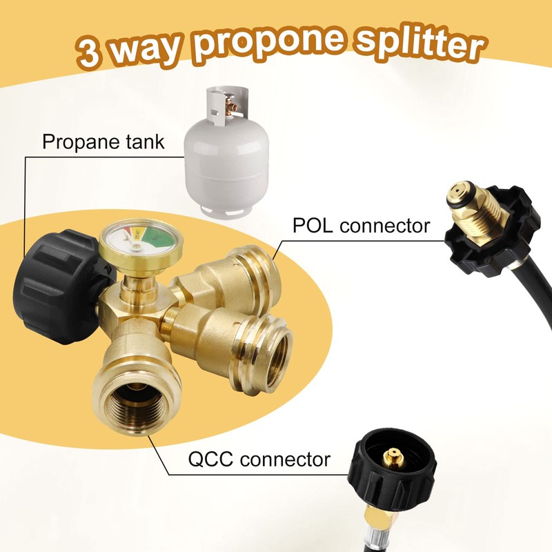 Aekops 3 Way Propane Splitter QCC/POL with Gauge and Shut-Off