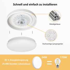 OOWOLF Metallic Ceiling Light LED Lamp - 2 Pack 24 W 23 cm Dimmable Flat LED Ceiling Light 3000 K / 4000 K / 5000 K Living Room Bathroom Ceiling Lamp Kitchen for Hallway Ceiling (White, 1 Pack)
