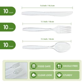 Irekamons Plastic Silverware Set, 30-Piece Disposable Plastic Utensils for Parties, Clear Cutlery, Plasticware Forks, Spoons, Knives