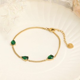 Made by Nami Women's Gold Gemstone Bracelet with Three Green Chakra Stones 16 cm Long with 4 cm Adjustable Chain as a Perfect Jewellery Gift for Women, zinnober