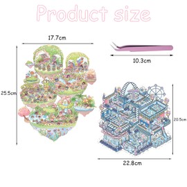 MUNSKT 2 Sets Oversize DIY 3D House Stickers, Pink Island & Blue Amusement Park Scenes, with Tweezers (Random Color) Ideal for Adults and Kids to Relieve Stress, Pass The Time (21 * 30cm)
