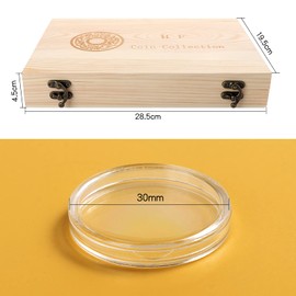 Kinsinder 100Pcs Wooden Coin Collection Box with Round Coin Capsules, Plastic Coin Capsules Organizer for Coin Collectors 18mm/20mm/23mm/25mm/27mm/30mm