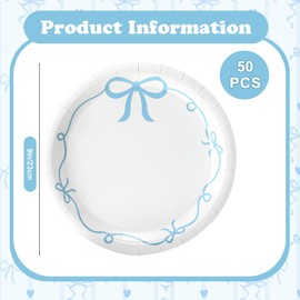 Havawish 50 Pcs Blue Bow Birthday Party Supplies 9 Inch Blue Bow Paper Plates Coquette Bachelorette Tableware Decorations Dinner Plates for Birthday Bachelorette Bridal Baby Shower Party