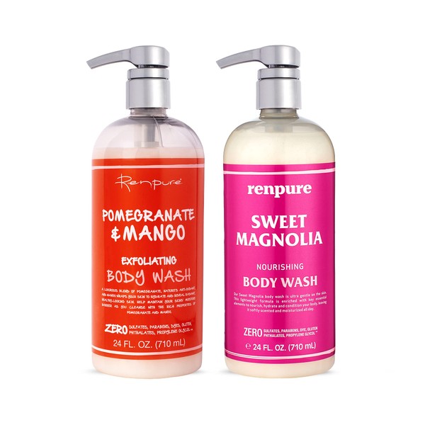Renpure Pomegranate Mango & Sweet Magnolia Moisturizing Body Wash for Dry Skin 2Pk â€“ Gentle Exfoliating & Hydrating Natural Antioxidant Shower Gel & Sensitive Skin Body Wash with Pump for Women
