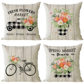 Spring Throw Pillow Covers 16x16 Set of 4 Floral Pillow Covers Spring Summer Decorative Pillow Covers Truck Biycle Flower Cushion Covers Pillow Cases for Home Outdoor Sofa Couch Decorations (16 inch)