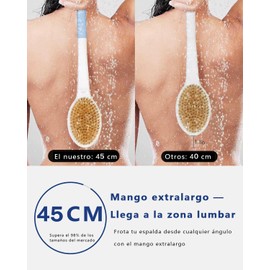 Cepillo para Espalda, 45cm Mango Largo Antideslizante, Cepillo Corporal Doble Cara Cerdas Naturales y Suaves, Cepillado en Seco, Exfoliación y Masaje, para Ducha de Hombres y Mujeres