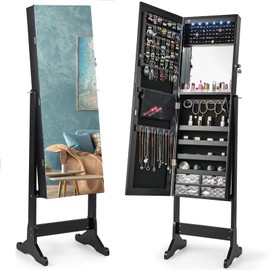 CHARMAID 6 LEDs Jewelry Cabinet Armoire with High Full length Mirror, Lockable Standing Jewelry Organizer Storage with lipstick Tray, Built-in Vanity Mirror, 4 Drawers, 4 Adjustable Angles (Black)