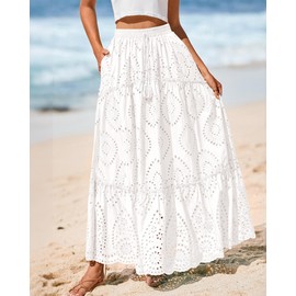 BTFBM Women's Boho Casual Skirts Summer 2025 Lace Embroidery Eyelet Elastic Waist Flowy Tiered A-Line Beach Maxi Skirt(White, Medium)