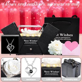 Pasuvsigt Preserved Real Rose with I Love You Heart Necklace100 Languages with Music&Lights Romantic for Mom Girlfriend Women Wife Valentine's Day Mother's Day Birthday Anniversary (White)