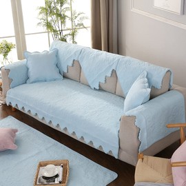 XSlive Cotton Embroidery Couch Sofa Cover Leaf and Floral Pattern Nonslip Quilted Furniture Protector Slipcover for Dogs, Children, Pets Sofa Slipcover Machine Washable (Blue,28"x28")