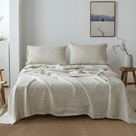 Simple&Opulence 100% Belgian Linen Sheet Set Handmade Hemstitch Linen King Size Bed Sheet-4 Piece (1 Flat Sheet 1 Fitted Sheet 2 Pillowcases)-Natural Flax Farmhouse Bedding