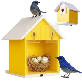 Water Proof Window View Bird House for Outside with 2 Powerful Hooks,Vinyl Birdhouse for Viewing Inside, Multifunctional Entrance For Various Birds 1.25" + 1.5" Hole, 10 Years Performance（Yellow）