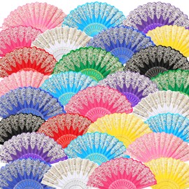 Geetery 50 Pcs Folding Chinese Hand Fan Bulk Different Flower Patterns Fabric Clacking Fans for Line Dancing for Popping Wedding Church Party(Gold Dust,Fresh)