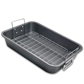 Roasting Pan With Rack 11" x 15" - Non Stick Large Roaster Pan and Flat Rack with Foldable Handles - Roasting Pans for Ovens to Elevate Food for Even Heating - Dishwasher Safe Turkey Roast Pot