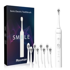 Rooman Electric Toothbrush for Adults,40000 High-Frequency Vibrations,with 8 Brush Heads, Sonic Toothbrush with 3 Mode & 3 Intensity,IPX7 Waterproof,Built-in 2-Minute Smart Timer (White)