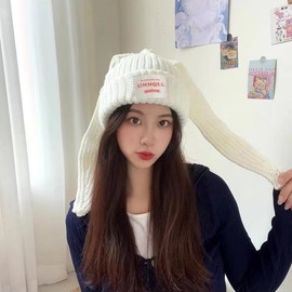 UNNQLL Cute Hats Crochet Knitted Beanie Warm Snow Ski Bunny Long Ears Caps Cosplay Party Headwear Girls Women(White Bunny)