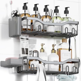 Shower Caddy Set: Adhesive Stainless Steel Shelves with Soap Dish & 16 Hooks - Color: Gray