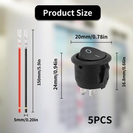 Pack of 5 Toggle Switch 12 V, Rocker Switch Mini, On/Off Switch 12 Volt with Wire, 2 Pin Micro Switch Car Round for Lamp Switch 10 A/125 V, 6 A/250 V, for Installation Button Car, Motorcycle, Boat