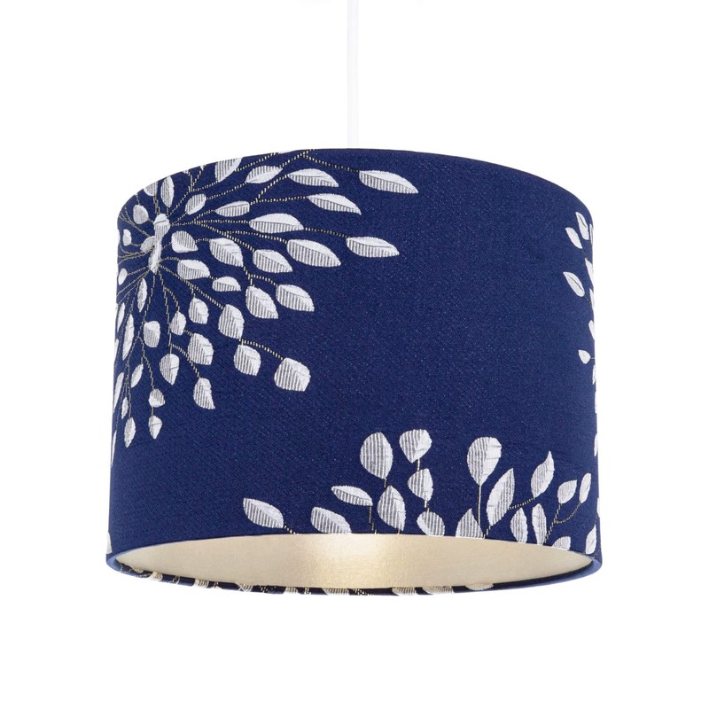 Modern 10inch Navy Midnight Blue Drum Lampshade with Off-White Floral