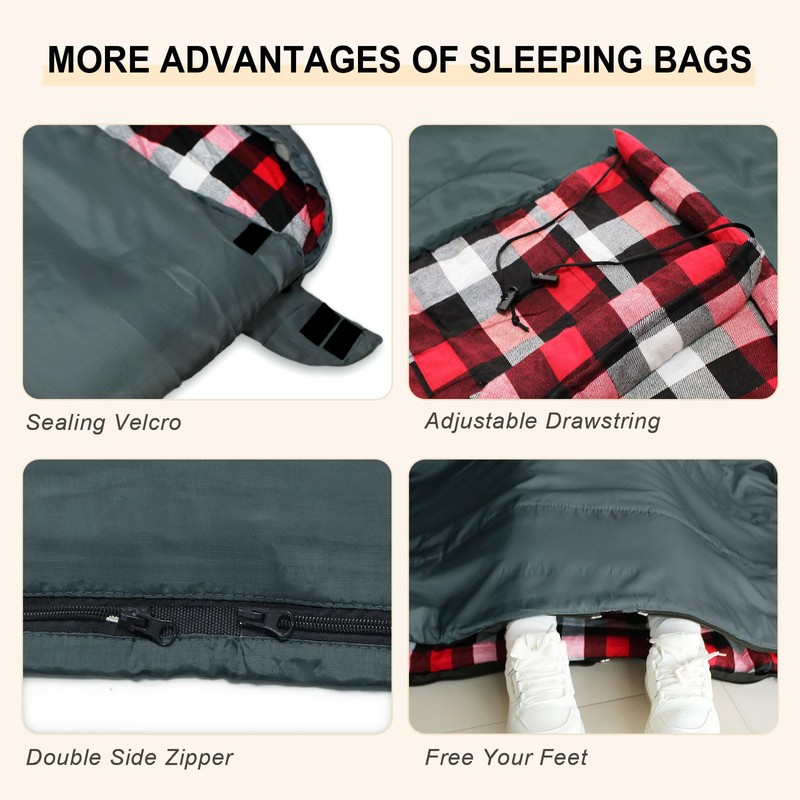 POEPORE Double Sleeping Bag Flannel for Adults with 2 Pillows