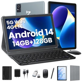 Tablet, 2025 Android Tablet with Keyboard 14GB+128GB+1TB Expand, 4G Cellular Tablets with Dual Sim Slot,10.1 Inch Octa-Core 2-in-1 Tablets with Incell Screen,5G Wifi,7000 mAh,Face Unlock,Mouse,Case