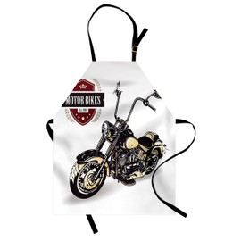 Ambesonne Motorcycle Apron, Chopper Customized Club Insignia Bikes Hippie Classic Retro Themed Print, Unisex Kitchen Bib with Adjustable Neck for Cooking Gardening, Adult Size, Black Beige