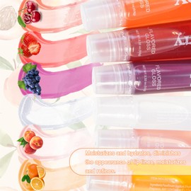 Holzsammlung 6 Pcs Hydrating Lip Oil Set, Fruit-Flavored Plumping Lip Oil, Long Lasting Lip Glow Balm Lip Care, Non Sticky Moisturizing Lip Gloss(Strawberry, Clear, Peach, Grape, Cherry, Orange)