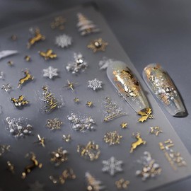 Christmas Nail Art Stickers 5D Embossed Gold Elk Nail Stickers Self-Adhesive Snowflake Bow Xmas Tree Rhinestone Star Elk Nail Decals for Women Girls Winter Holiday Manicure DIY Nail Supplies