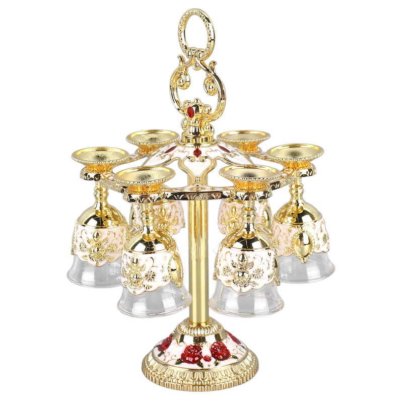 6Pcs Chinese Chalice Retro Style Zinc Alloy Glass Embossed Flower