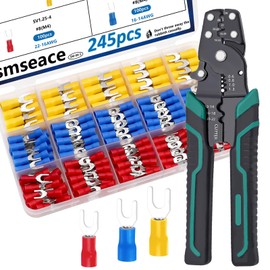 smseace 245pcs Crimping tool with #8(M4) Fork Spade Connectors 22-10AWG Wire Fork Connectors U-Type Fork Cnnectors Terminal Crimp/Stripping/Cutting Multifunction wire crimping tool