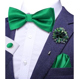 Hi-Tie Pretied Bowtie Lapel Pin Set for Men Pocket Square Cufflinks 4PCS Bow Tie Set Mens Wedding Business Party, Kelly Green