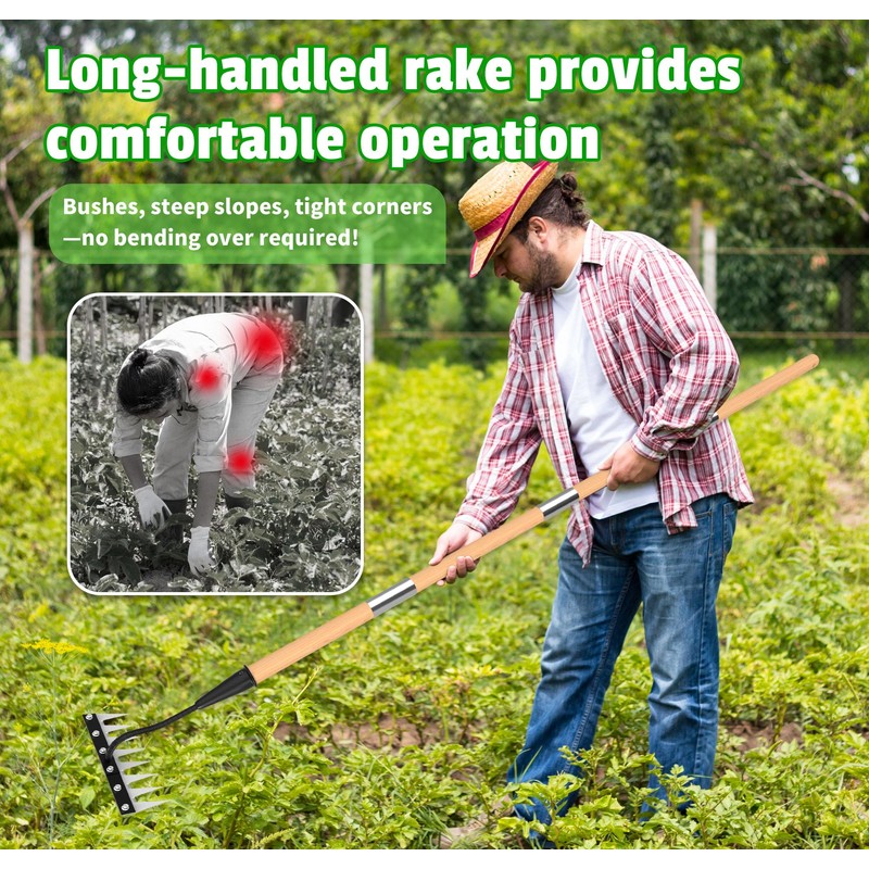 ATLRGISL Iron Weed Rake with Wooden Long Handle 2.0, 8