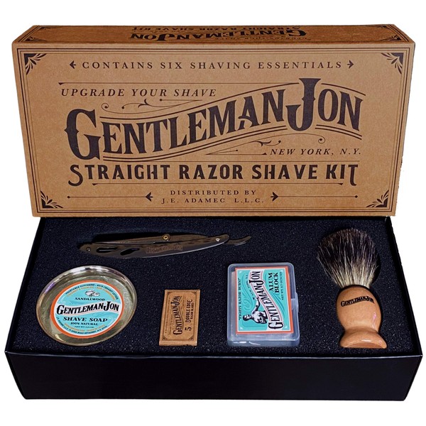 Gentleman Jon Straight Razor Shaving Kit | Vintage Wet Shave Grooming Set for Men - Includes: Straight Edge Razor, Hair Shaving Brush, Alum Block, Shave Soap, Bowl & Double Edge Razor Blades