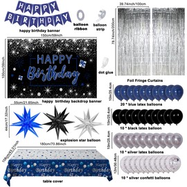 Blue and Black Birthday Decorations for Men Women, Happy Birthday Decorations for Boys Girls Silver Blue Party Decorations Backdrop Tablecloth Confetti Balloons Arch Kit Fringe Curtains Table Cover