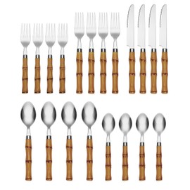 Cambridge Silverware Set For 4, Bamboo Handle 20-Piece Flatware Set, Tropical, 18/0 Stainless Steel, Service For 4, Dishwasher Safe, Plastic Brown Handle,Knives Spoons & Forks Set (Silver, 20 Piece)