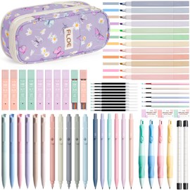 65PCS Aesthetic School Supplies with Cute Pencil Case, Pastel Highlighters Gel Pens Mechanical Pencils Set 0.5 0.7 & 2.0mm, Office Back to School Supplies College Essentials Kit Student Stationary Set