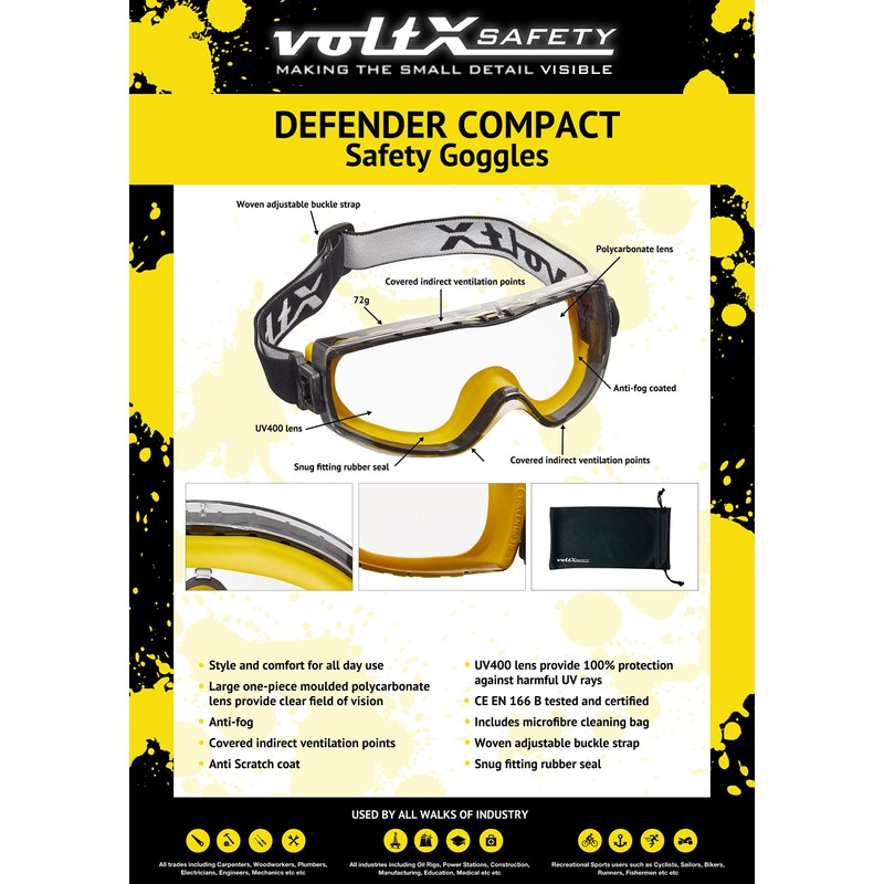 voltX DEFENDER COMPACT indirect ventilated Safety Goggles, CLEAR lens with