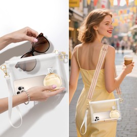 Mieeba Clear Purse Stadium Approved,Clear Crossbody Bag with Zipper Wrist Strap for Concert Sports (White-Brown)