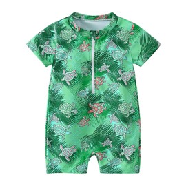 YAGATA Baby Swimsuit Boy Infant One Piece Rash Guard Bathing Suit Short Sleeve Zipper Toddler Summer Beach Swimwear 3-6 Month Green Turtle 80