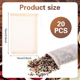 Piriuuo Pack of 20 Spice Bags, Spice Bags for Cooking Tea Bags Made of Cotton, Environmentally Friendly and Reusable Muslin Bags with Drawstring for Tea, Coffee, Filter, Spices (10 x 15 cm)