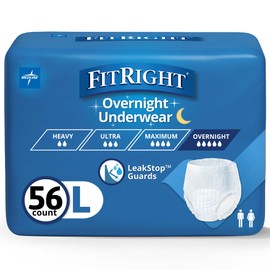 FitRight Overnight Unisex Large Underwear, (40-56 in Waist) 56 Count (4 Bags of 14), Maximum All Night Disposable Incontinence Protection, Pull-On Absorbent Underwear for Men and Women