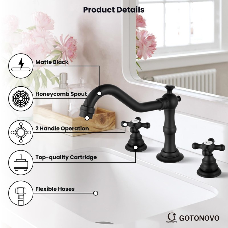 gotonovo 3 Hole Matte Black Bathroom Sink Faucet with Pop