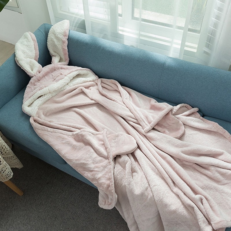 Hooded Blanket Wearable Polyester Plush Rabbit Ear Hooded Blanket Throw