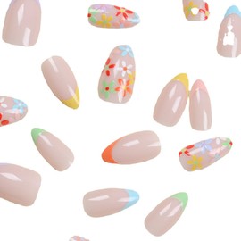 Almond Press on Nails Medium Fake Nails Rainbow Color French Tip False Nails Acrylic Nails with Colorful Flowers Design Full Cover Glue on Nails for Women and Girls Nail Decoration 24Pcs
