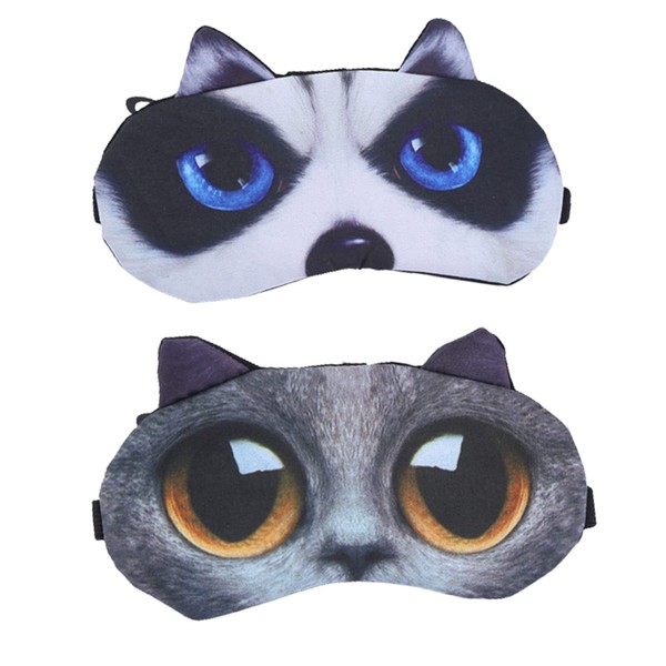 A set of 2 cute cat and dog pattern sleeping masks, soft and fluffy sleep parasol rest travel children boys and girls female daydream sleep mask