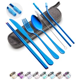 Travel Utensils Set with Case Reusable Portable Cutlery Set Stainless Steel 8pcs Including Dinner Knife Fork Spoon Chopsticks straws(Blue)