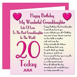 My Granddaughter 20th Happy Birthday Card - Lots Of Love To The Best Granddaughter In The World - 20 Today