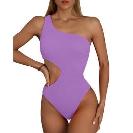 Limeeke Women's Cutout One Piece Swimsuit One Shoulder Swimwear Ribbed Monokini Bathing Suits Purple XXL