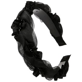 NARUNING 1.5 Inch Wide Solid Color Chiffon Headband with Comb Teeth, Organza Headband, Rhinestone Weaving Craft Fashion Hair Accessories, Suitable for Women and Girls (1-PACK Black, One Size)