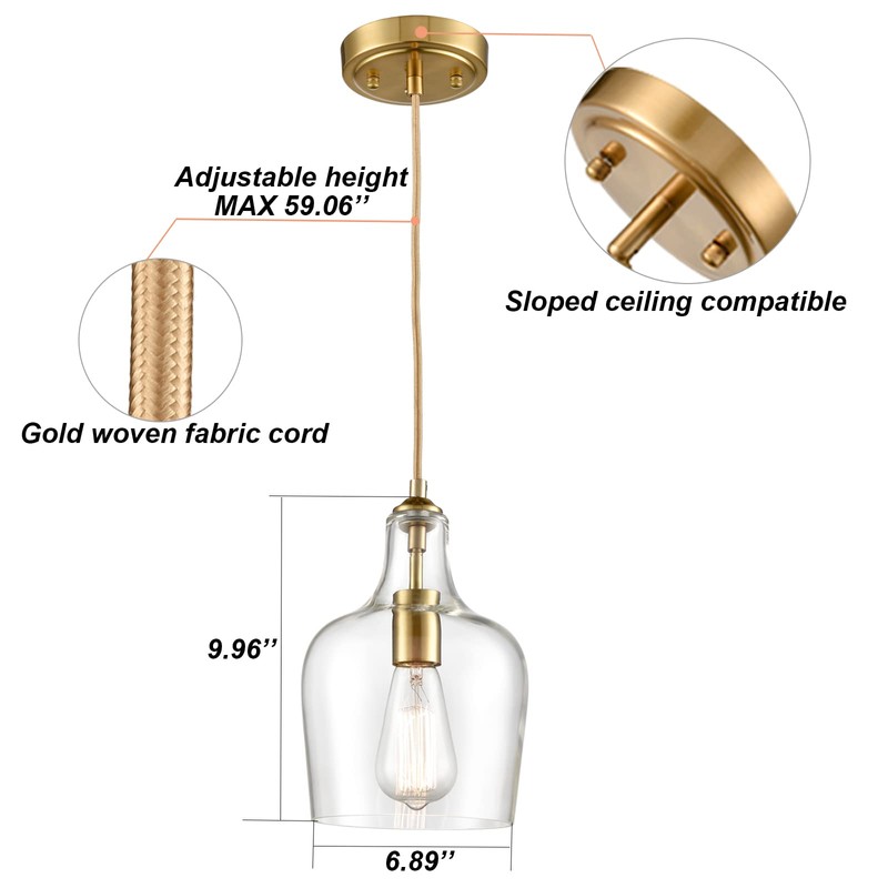 HYDELITE Modern Brushed Gold Pendant Light Fixtures Clear Glass Adjustable
